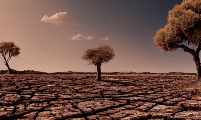 Prompt: medium shot of a nondescript crying ancient dried up Danu, peaceful, facing the camera and standing in front of a dried up river in a desolate land, dead trees, blue sky, hot and sunny, highly-detailed, elegant, dramatic lighting, artstation, 4k, cinematic landscape, photograph by Elisabeth Gadd