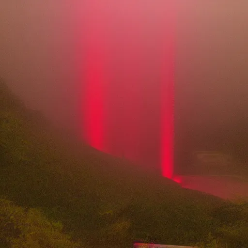 Prompt: Brutalism waterfall night time dramatic light red fog