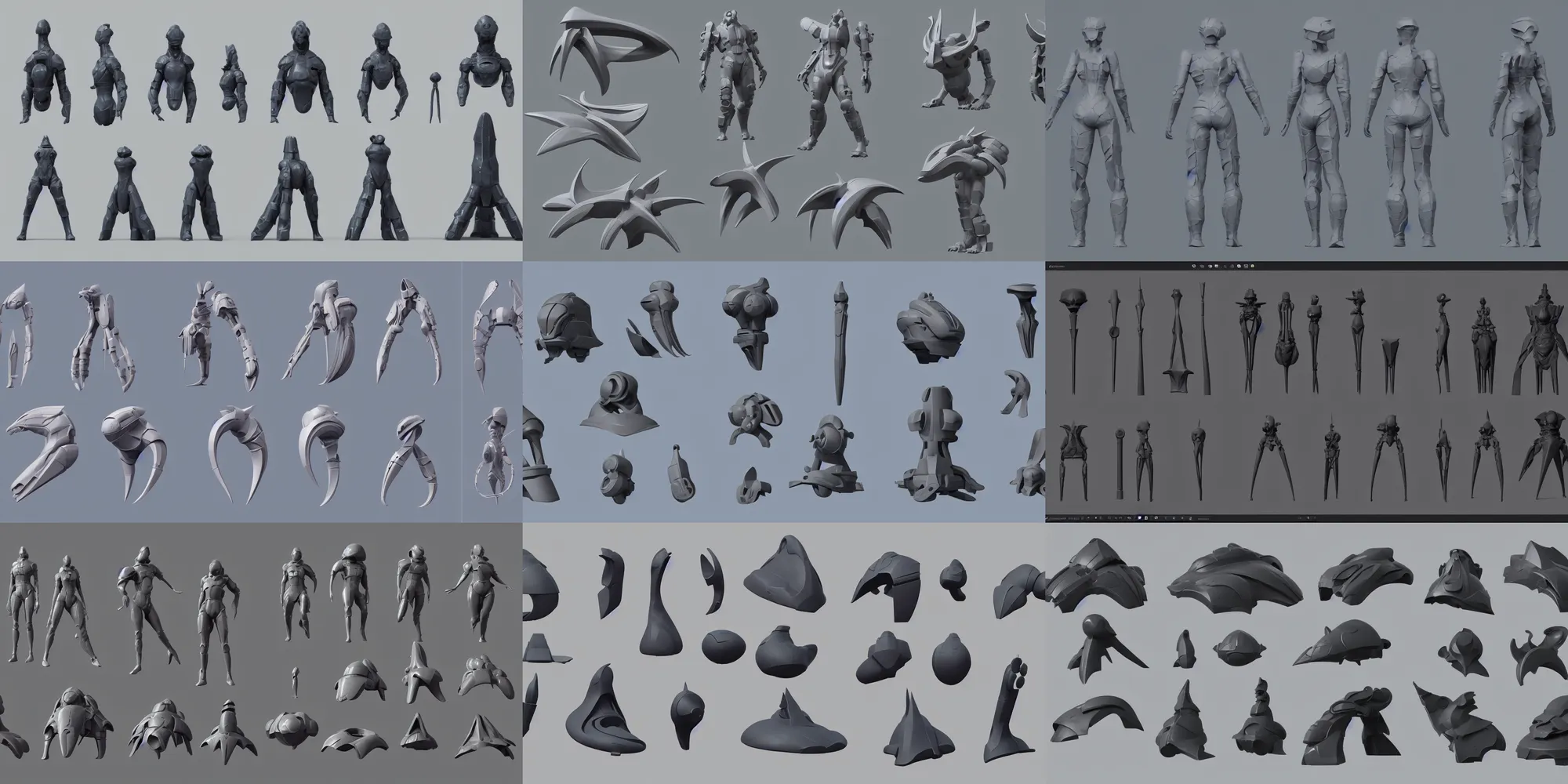 Prompt: collection of exploration shapes and form kitbash, hard surface