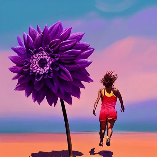 Image similar to portrait, giant purple dahlia flower head, woman running at the beach, surreal photography, sunrise, blue sky, dramatic light, impressionist painting, digital painting, artstation, simon stalenhag