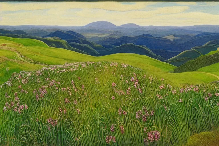 Prompt: hills with grass and flowers, close up by marianne north by moebius