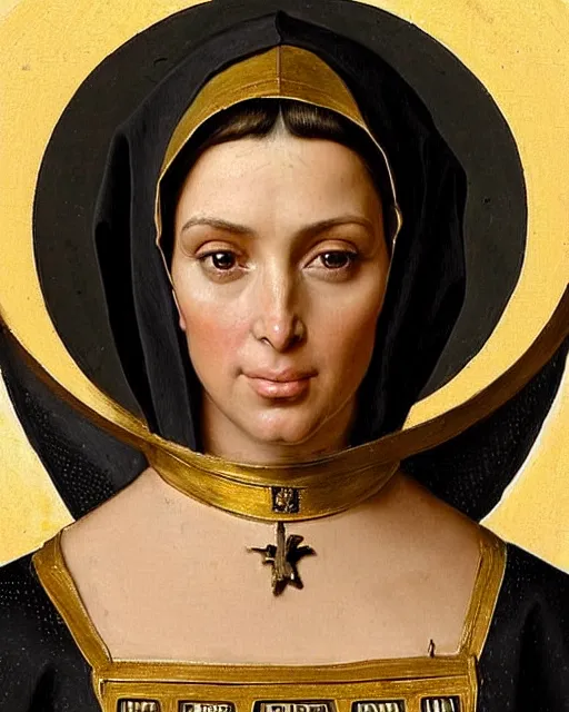 Image similar to kim kardashian as armored battle nun, delicate detailed medieval portrait in the style of eugene de blaas, perfect face