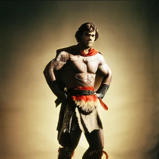 Prompt: Henly Cavill wearing as Conan The Babarian 1982, promo shoot, studio lighting