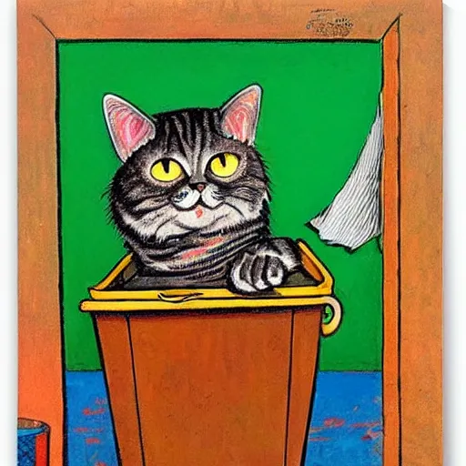 Image similar to painting of a cat poking half way out of a dumpster by louis wain