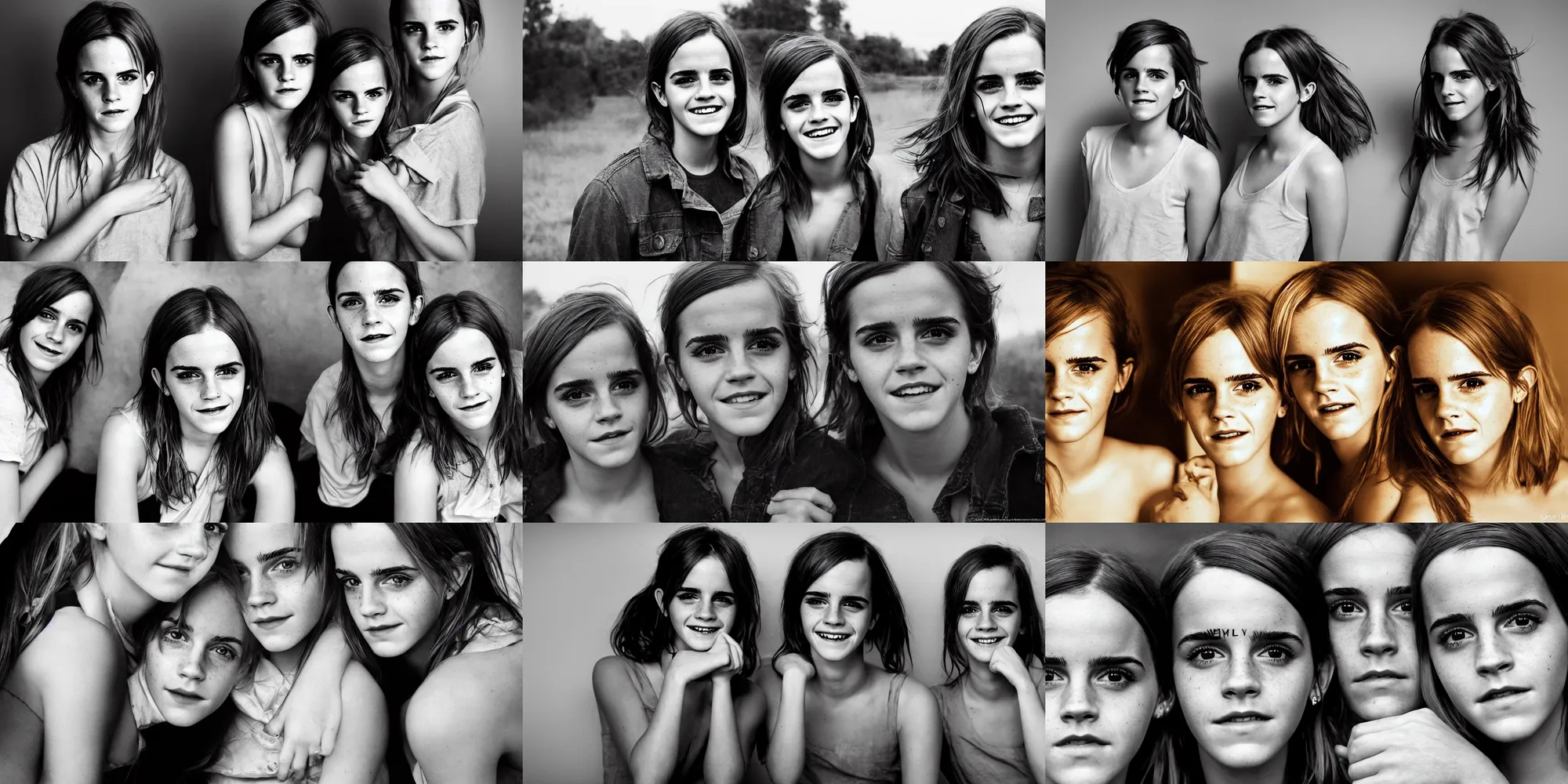 Prompt: portrait emma watson identical twins smiling greg rutkowski james gurney canon fujifilm sony alpha nikon david bailey corinne day