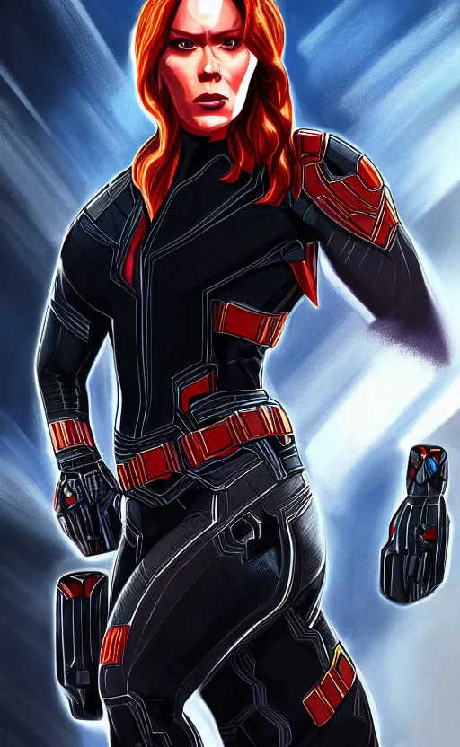 Image similar to portrait of the rock as black widow from the avengers infinity war, character concept art, hyperrealistic, detailed, accurate illustration, dramatic lighting, action pose