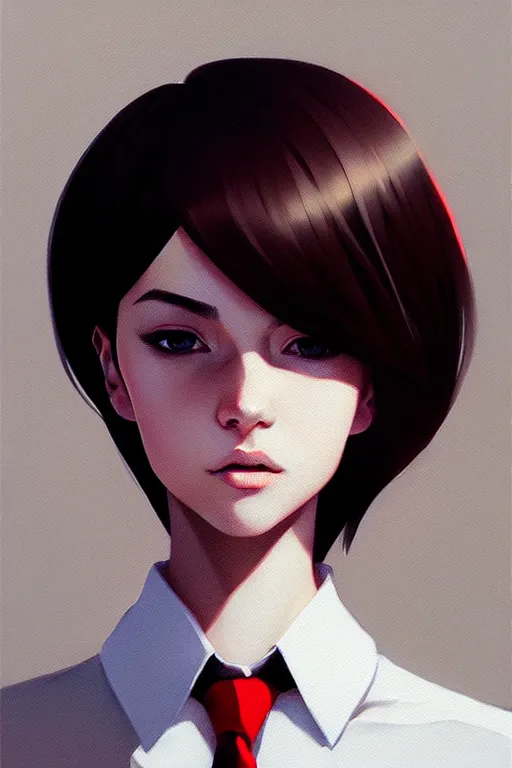 Image similar to a ultradetailed beautiful portrait panting of a stylish woman wearing a shirt with a tie, by ilya kuvshinov, greg rutkowski and makoto shinkai, trending on artstation