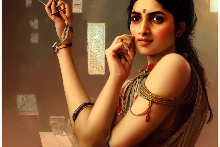 Prompt: Beautiful pale young Indian doctor partying in Texas, portrait, elegant, intricate, digital painting, artstation, concept art, smooth, sharp focus, illustration, art by artgerm and greg rutkowski and alphonse mucha