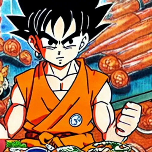 Image similar to Son Goku, dining at a fancy seafood restaurant, Akira Toriyama art, lovely background