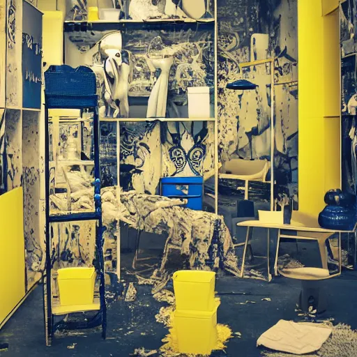 Prompt: ikea Backrooms, sinister, professional photography, weird, spooky, unearthly, dream-like, intricate, decomposition, urgh, strange, blue and yellow