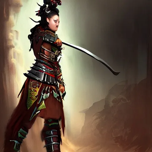 Prompt: Beautiful full body matte painting of a beautiful warrior woman wearing Ming Dynasty armor fighting a Ninja, concept art, artstation