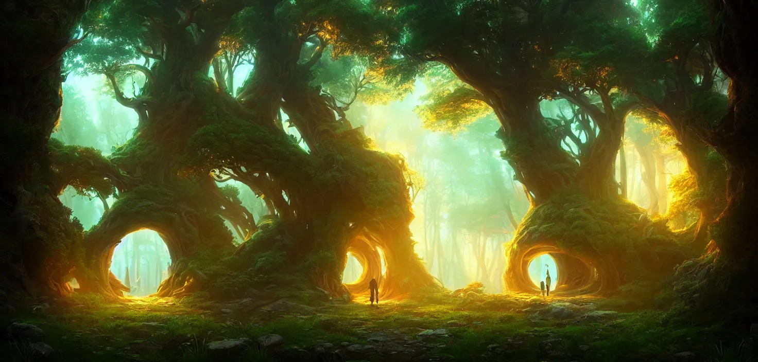 Image similar to random mystic forest giant house portal, landscape, big glowing magic giant portal, incredible, vector art, octane render, fabulous, hyper detailed, random cinematic view, no noise, global illumination, warm lighting, volumetric, godrays, vivid, beautiful, by jordan grimmer