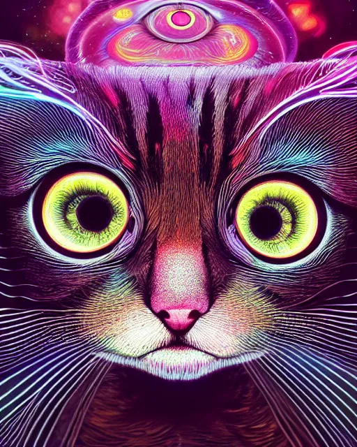 Image similar to psychedelic 6 0 s portrait of funny giant cute eyes kitten, intricate abstract. intricate artwork, by tooth wu, wlop, beeple, dan mumford. concept art, octane render, trending on artstation, greg rutkowski very coherent symmetrical artwork. cinematic, key art, hyper realism, high detail, octane render, 8 k, iridescent accents