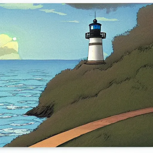 Prompt: A road leading to the lighthouse,dusk, by studio Ghibli, artstaion