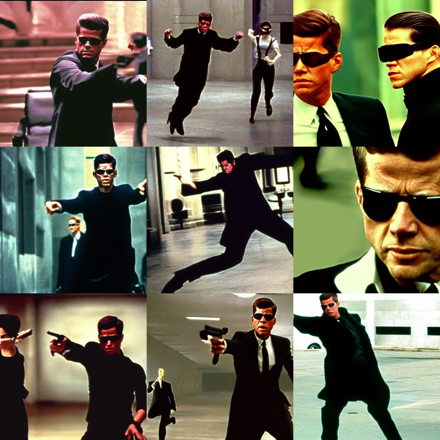 Prompt: still of jfk dodging bullets as neo in the matrix ( 1 9 9 9 )