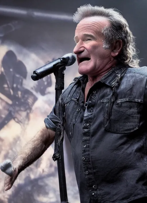 Prompt: promotional image of robin williams as a heavy metal singer, rugged black clothes, detailed face, movie still frame, promotional image, imax 70 mm footage