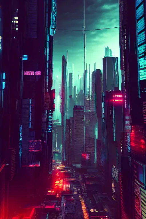 Image similar to cyberpunk city from street level looking up, photo realistic, highly detailed, rendered in octane, artstation, 35mm, atmospheric, cinematic lighting, dramatic dusk sky