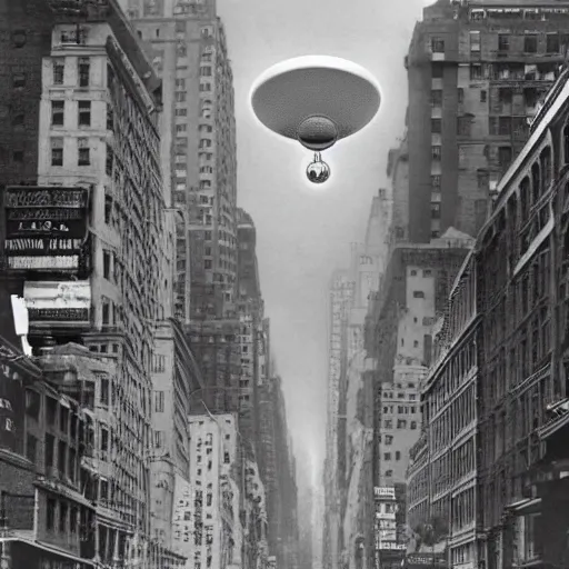 Prompt: photograph of a large flying saucer hovering over a new york city street in 1 9 3 2