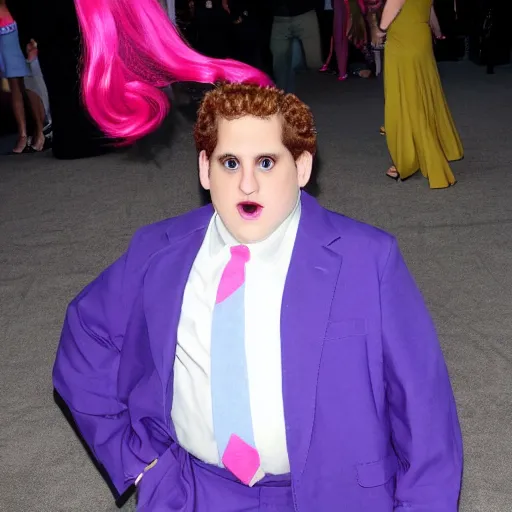 Prompt: jonah hill in pinkie pie cosplay