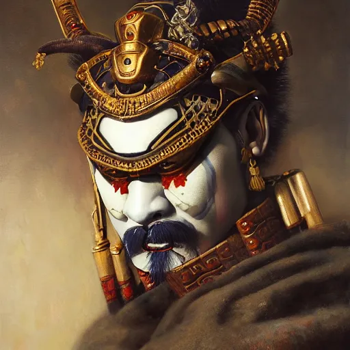 Image similar to highly detailed oil painting | very intricate | cinematic lighting | award - winning | a mosaic of oni samurai masks | by roberto ferri, by tom bagshaw, by j. c. leyendecker and klimt, beautiful cinematic light, american romanticism, by austin osman spare, artstation, cgsociety, official art, octane