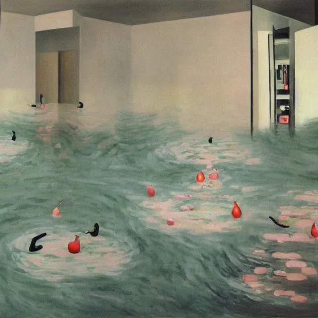 Image similar to painting of flood waters inside an apartment, tall female emo art student, a river flooding through a wall, tangelos, zen, pigs, ikebana, water, river, rapids, waterfall, black swans, canoe, pomegranate, berries dripping, acrylic on canvas, surrealist, by magritte and monet