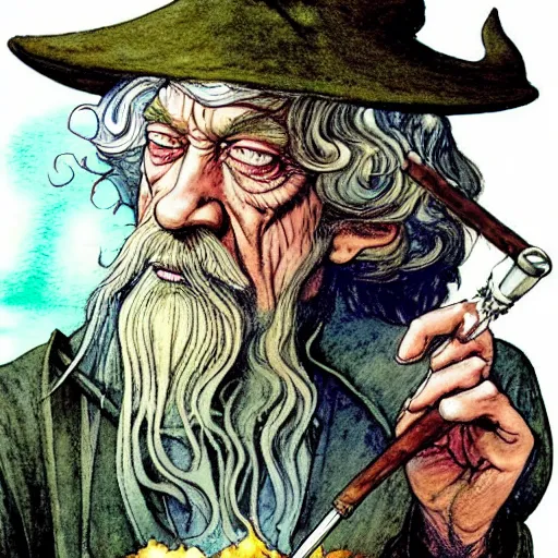 Image similar to a realistic and atmospheric watercolour fantasy character concept art portrait of gandalf with bloodshot eyes smoking a pipe looking at the camera with a pot leaf nearby by rebecca guay, michael kaluta, charles vess and jean moebius giraud