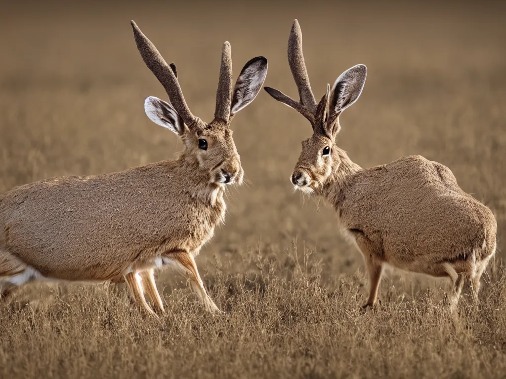 Image similar to a photograph of a jackalope grazing in a field, by national geographic, ultra real, 8 k, high resolution, golden hour, depth of field, nature photography