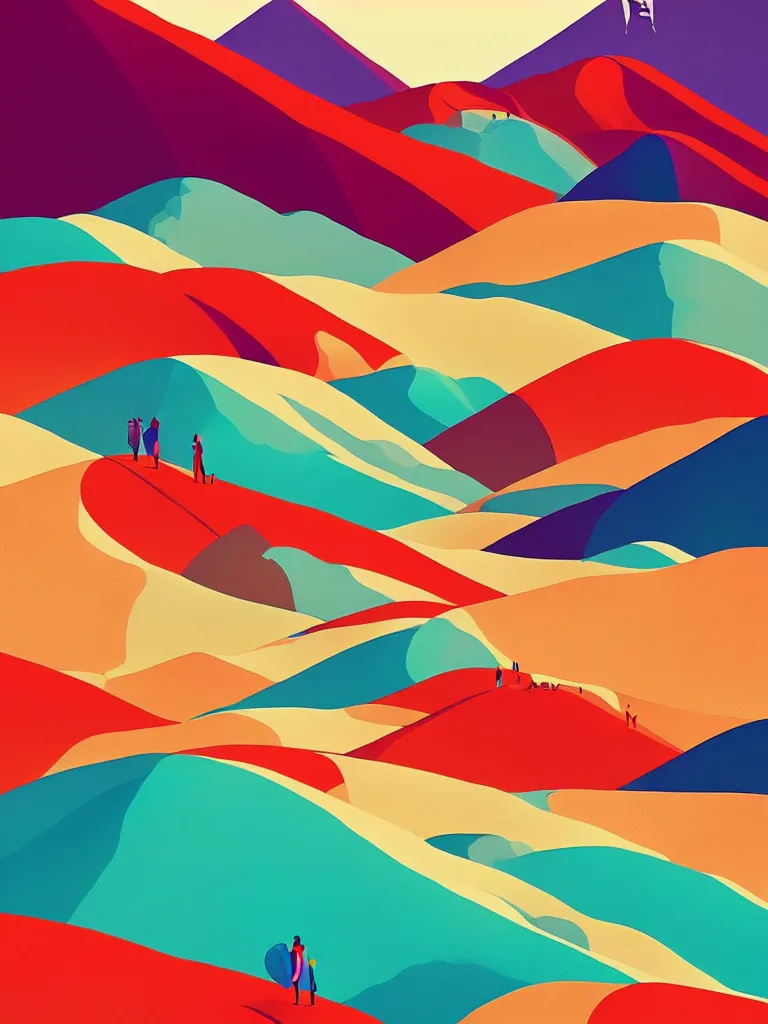 Image similar to a travel poster illustration depicting the rainbow mountain in peru, vintage style, white architecture, digital painting, vector art, trending on artstration, by anton fadeev, by alena aenami