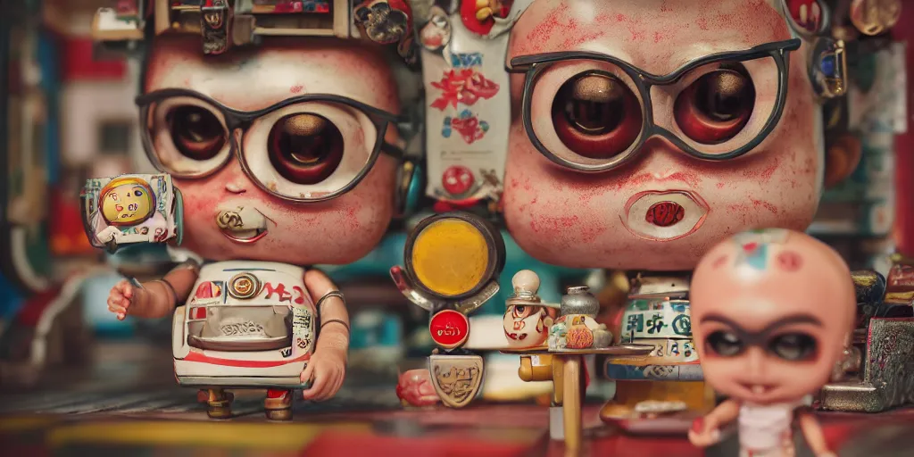 Image similar to closeup portrait of tin toy retro tokyo corner store diorama, depth of field, f 3 2, zeiss lens, detailed, centered, fashion photoshoot, by nicoletta ceccoli, mark ryden, lostfish, breathtaking, 8 k resolution, extremely detailed, beautiful, establishing shot, artistic, hyperrealistic, octane render, - h 8 0 4