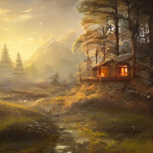 Prompt: cyborg fantasy cabin landscape photprealism ultradetailed digital art, irina french, heraldo ortega, mandy jurgens, golden ratio, art canvas, award winning, masterpiece trending on artstation 8 k 1 5 0 mpx