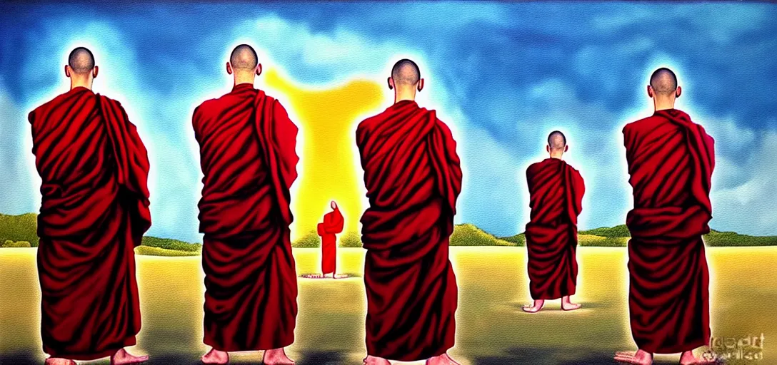 Image similar to dystopian surreal painting of monks praying