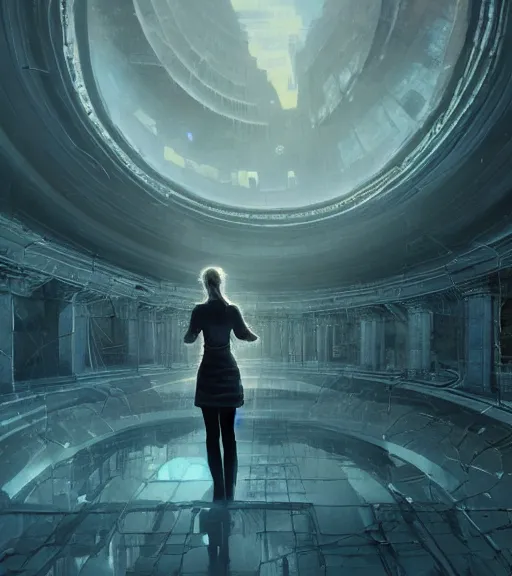 Image similar to ethereal picture of tarkovsky greatest scene, aura of the ancient destroyed majestic tower of babylon, a woman in futuristic cyber clothing, transparent puffer jacket, hyperealistic, blockchain, cyber world, ambient lighting, concept art, intricate, hyper detailed, smooth, dynamic volumetric lighting, ocatane, ray trace, cinematic, high quality, cgsociety