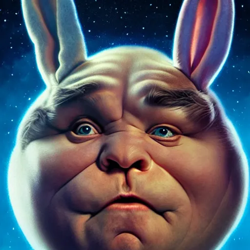 Image similar to hyper realistic, space balls the movie, portrait of a mega derpy john candy, big chungus, with bunny ears, stoned, by greg rutkowski, scott m fischer, artgerm, loish, slight glow, atmospheric, anne stokes, alexandros pyromallis