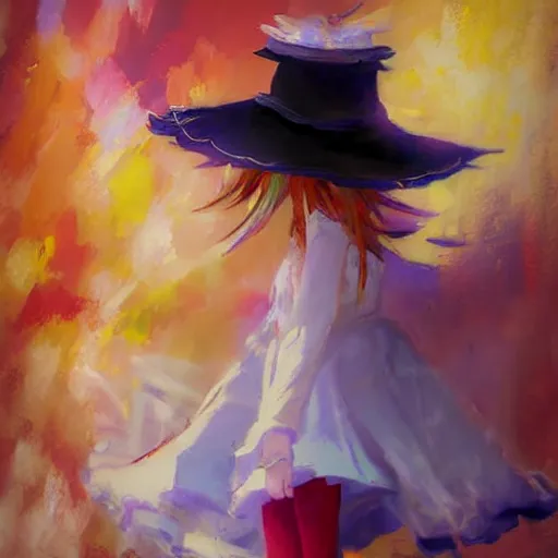 Image similar to Beautiful abstract impressionist painting of Kirisame Marisa from the Touhou project at the beach wearing a maid dress and a hat, touhou project official artwork, danbooru, oil painting by Antoine Blanchard, wide strokes, pastel colors, soft lighting sold at an auction