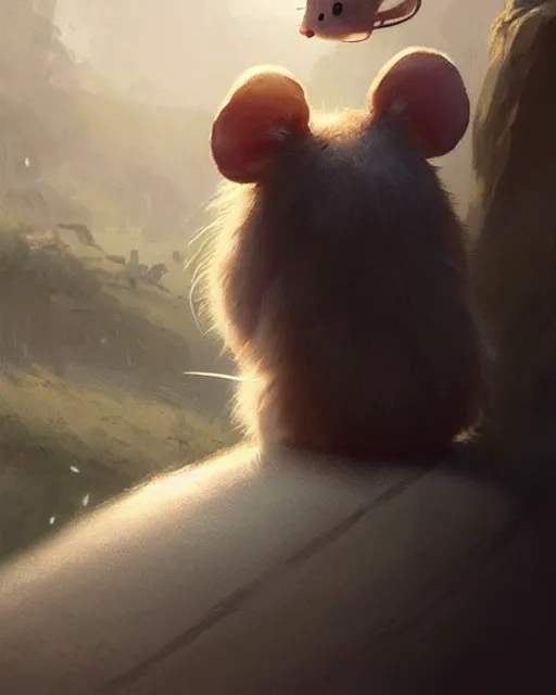 Image similar to viewed from behind, over the shoulder, a cute mouse looks upwards, viewed from behind, digital portrait by greg rutkowski, fantasy art, concept art, by disney concept artists, cinematic lighting, evening light, trending on artstation, cgsociety