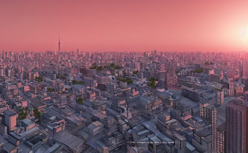 Prompt: 3 d render of tokyo city from a rooftop view, sunset lighting, unreal engine, hyper realism, realistic shading, cinematic composition, blender render, octane render, hdr, detailed textures, photorealistic, ultrawide shot, 1 6 mm lens