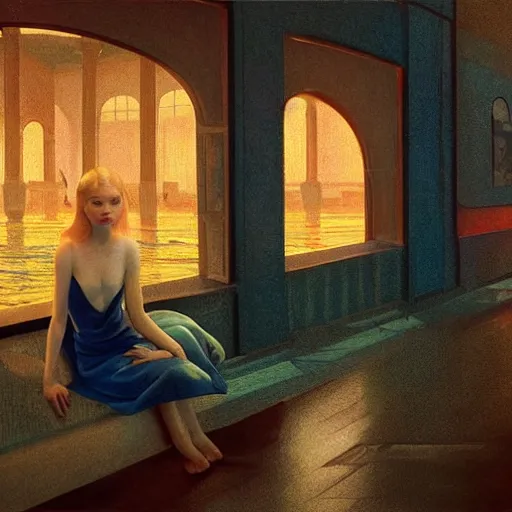 Prompt: Elle Fanning in an underwater city in the world of Edward Hopper, stormy sea, extremely detailed masterpiece, oil on canvas, low-key neon lighting, artstation, Blade Runner 2049, Roger Deakin’s cinematography, by J. C. Leyendecker and Peter Paul Rubens,