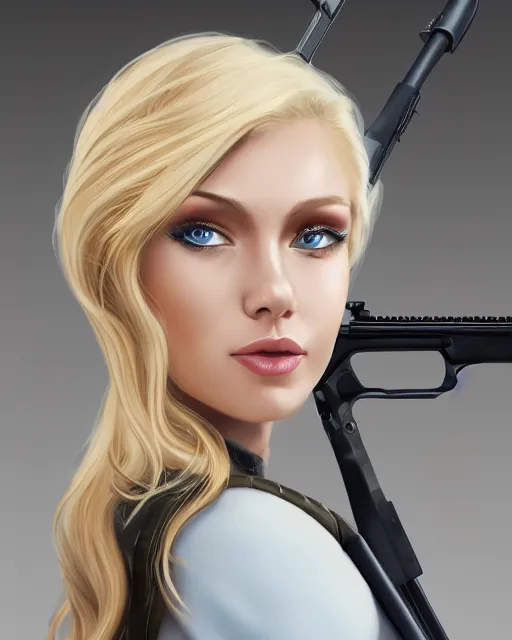 Prompt: side closeup of beautiful blonde female with blue eyes aiming l 9 6 a 1 rifle at target, award winning photography, extremely detailed, artstation, 8 k, sensual lighting, incredible art, wlop, pixar, disney, artgerm, backlit, rim lighting, hi - fructose, cellshading, intricate lineart