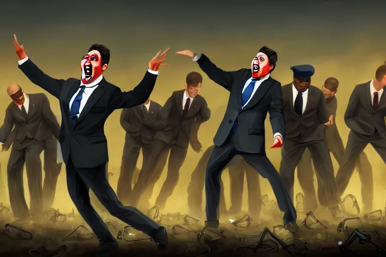 Image similar to Comedian in suit and tie performing in a battle-field with dead bodies on the ground, detailed face, comedian is funny, performing to dead soldiers, nuclear cloud in horizon, apocalypse, trending on artstation, artstationHD