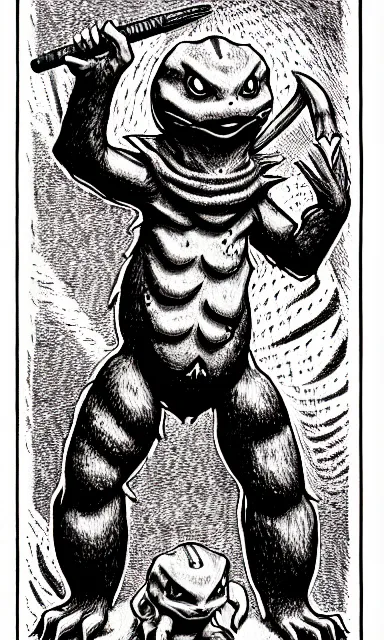 Prompt: charmander as a d & d monster, full body, pen - and - ink illustration, etching, by russ nicholson, david a trampier, larry elmore, 1 9 8 1, hq scan, intricate details, stylized border