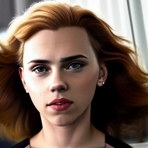 Image similar to a woman who is a genetic combination of scarlett johansson and emma watson face and upper - body focus