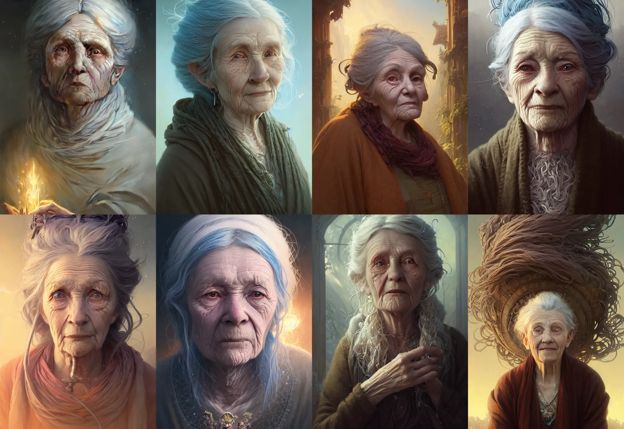 Image similar to highly detailed portrait of a very old woman with long hairs, stephen bliss, unreal engine, fantasy art by greg rutkowski, loish, rhads, ferdinand knab, makoto shinkai and lois van baarle, ilya kuvshinov, rossdraws, tom bagshaw, alphonse mucha, global illumination, radiant light, detailed and intricate environment