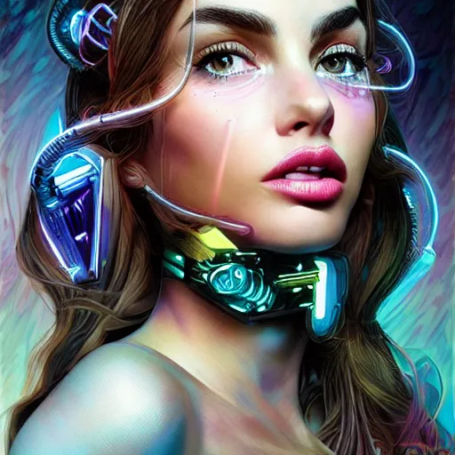 Prompt: sofia vergara portrait futuristic ana de armas cyberpunk cowgirl, neon light rooftop, fantasy, intricate and very very beautiful and elegant, highly detailed, digital painting, artstation, concept art, smooth and sharp focus, tight fit, illustration, art by tan zi and ayanamikodon and alphonse mucha and wlop