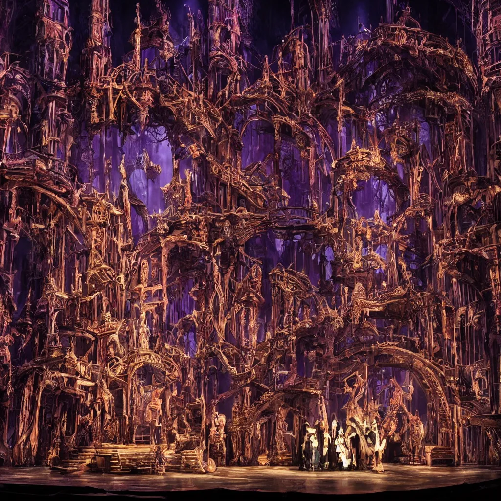 Image similar to photo, a highly - themed dramatic broadway musical set design with huge spectacle, dark and moody futuristic, a dark gothic psychedelic palace