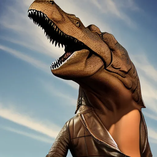 Prompt: t-rex in a leather jacket