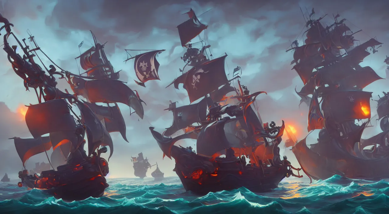 Prompt: a wide shot of a stylized 3D CGI fortnite pirate ghost ship with the black Jolly Roger flag, fantasy art overwatch and heartstone, by RHADS, symmetrical, cgsociety, artstation hq, octane render, 8k,