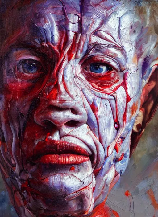 Image similar to highly detailed and textured painting of a deformed anatomical portrait, emotionally expressive, highly detailed oil painting, soft light 4 k, red, blue and purple colour palette, cinematic composition, cinematic lighting, sharp focus, masterpiece by adrian ghenie and jenny saville