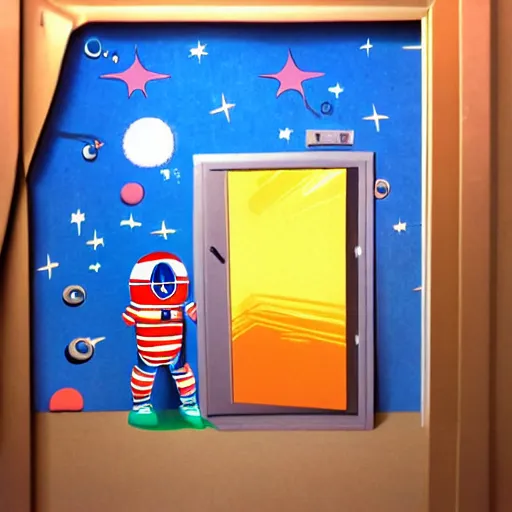 Image similar to photo - realism, space astronaut opening door that shows space and time created by dr. suess with extra detail, epic, 0, perfection.