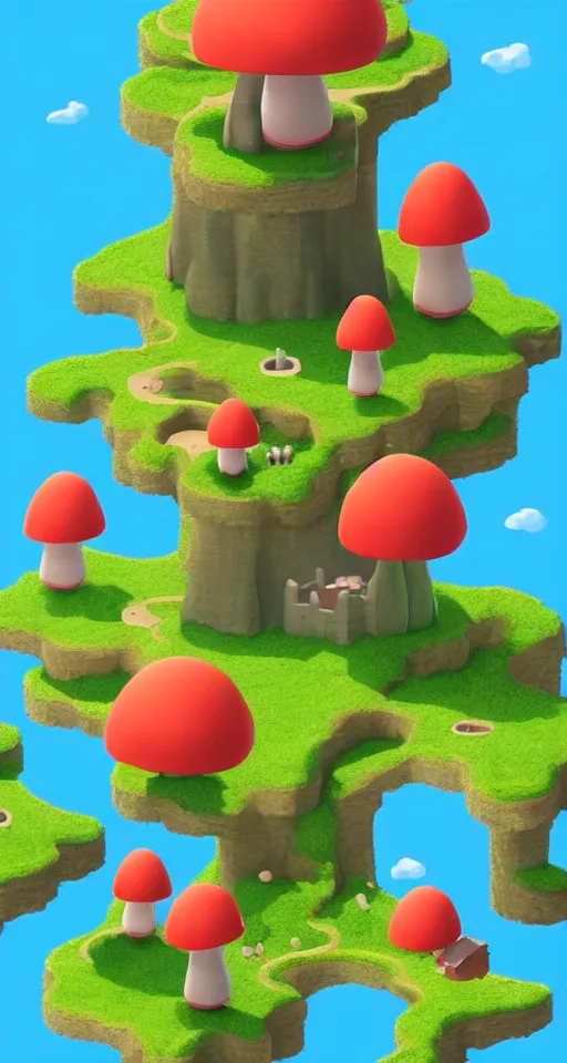 Image similar to a cute little isometric mushroom island, trending on artstation, 3d render, monument valley, fez video game,
