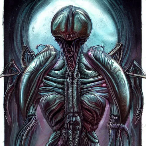 Image similar to detailed painting of a hybrid between a xenomorph and a my little pony, in the style of h r giger and wayne barlowe